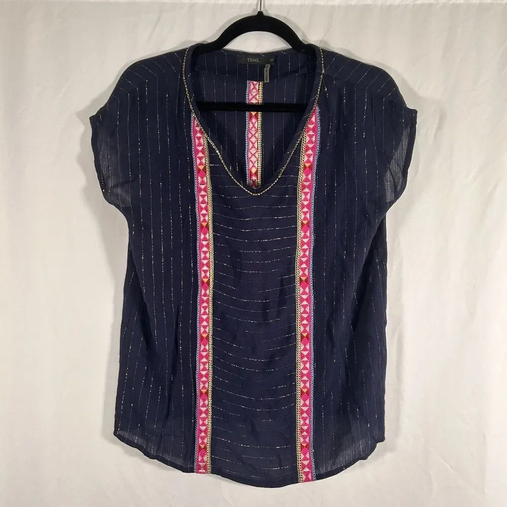 THML Top Women's XS Blue Striped Gold Vneck Lightwieght Rayon
